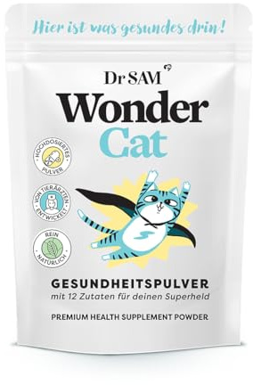 Dr.SAM WonderCat - Gesundheitspulver für Katzen - Hochdosierte Nahrungsergänzung für Gelenke, Darm, Stress, Zähne, Haut und Fell, 100% pflanzliche Rundumversorgung, Made in Germany, 45g