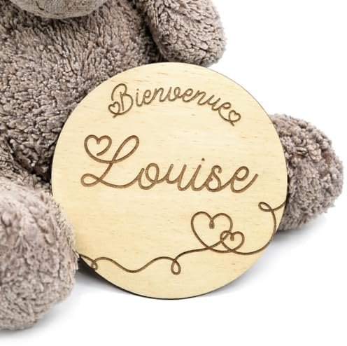 Carte bienvenue bébé rond en bois, texte & prénom personnalisable, panneau pour la séance photo de naissance, thème coeur, idée cadeau, baby, baptême, décoration champêtre, souvenir