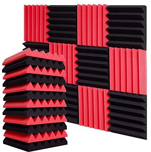 VULORA 12-Pack Sound Proof Foam Panels,2 inchX12 inchUltra-Thick Acoustic Foam,High-Density Panels,Fireproof Soundproof Wall Panels,Sound Proofing Padding for Wall(Red Black Blue) (Red&Black)
