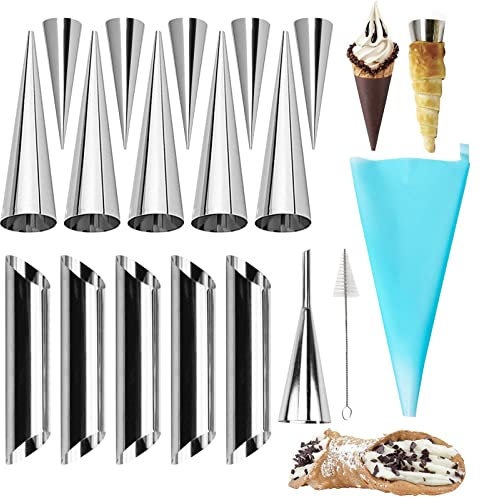 RoseFlower Non-Stick Cream Horn Moulds, 18 Pcs Stainless Steel Cannoli Form Tubes Cream Roll Mould Screw Croissant Mold Pastry Cone Shaper with Clean Brush - Pastry Baking Set for Christmas Halloween