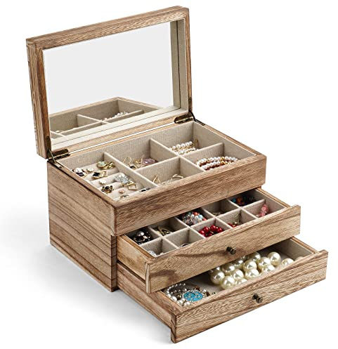 Meangood Joyero organizador para mujer, 3 capas, grande, joyero de madera rústica con espejo y bandeja de anillos para collares, aretes, pulseras, anillos, estilo vintage (negro carbonizado)