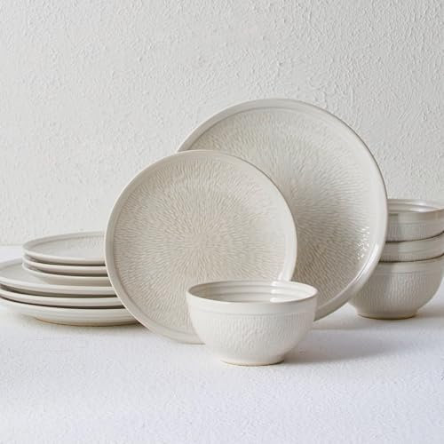 Pokini Service de table 12 pièces en céramique beige avec assiettes en relief et bols pour 4 personnes, aspect vintage, fait à la main, très résistant aux éclats et aux fissures