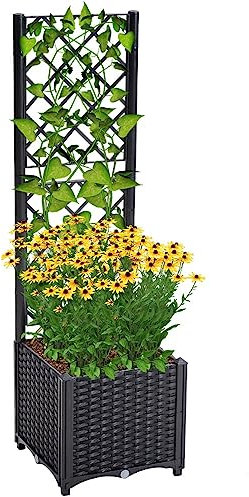 Mingone Lot de Plantes grimpantes avec Auto-arrosage, 40 × 40 × 136 cm, bac à Plantes, en rotin synthétique, avec Treillis de 96 cm, résistant aux UV et au Gel, Noir