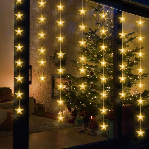 CNMTCCO Christmas Fairy Curtain Lights 3M x 1M 100 LED USB Twinkle String Light 2-in-1 with 8 Modes Curtain Lights with Star Pendants & Remote for Xmas Party Wedding Warm White Fairy Light Curtain