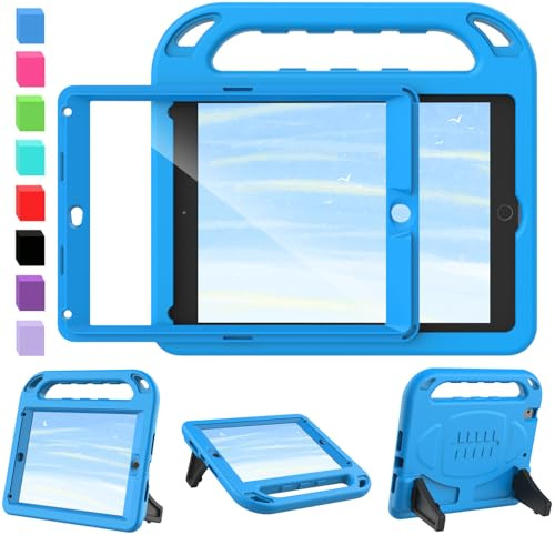 SINSO Funda infantil para iPad de 9.7 pulgadas, 6ª generación 2018/5ª generación 2017/iPad Air 2, protector de pantalla integrado, funda ligera a prueba de golpes con asa/soporte, color azul