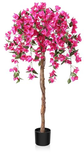 Laiwot 4FT Artificial Tree Tall Potted Fake Bougainvillea Trees for Outdoor Indoor Office Wedding Home Decor Lifelike Faux Plants with Wood Trunk and Pink Flowers