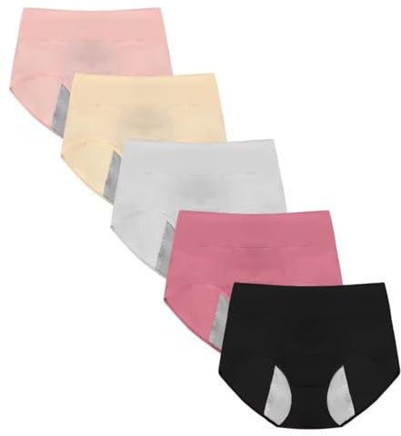 ETAOLINE Women's Period Panties Menstrual Underwear Postpartum Hipster Leakproof Briefs 5-pack, 5-color, L