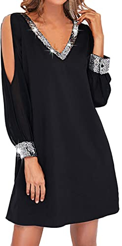 Pailettenkleider für Damen Glitzer Kleid Partykleid Hochzeit Cocktailkleid Elegant Sexy Hochzeitskleid Langarm Festlich Party Pailletten Kleider Glitzerkleid Abendkleid Silvester Outfit Gold Silber