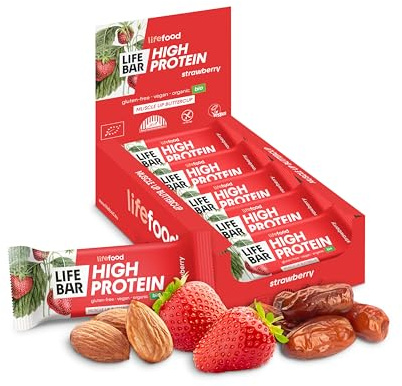 Lifefood Protein Riegel, Proteinriegel Ohne Zucker, Eiweißriegel Snack, BIO Vegan, Glutenfrei, Laktosefrei, Ohne Zuckerzusatz, Biologisch angebaut - 15er Pack (15 x 40 g) (Erdbeere)