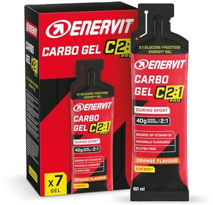 Enervit Carbo Gel C2:1PRO Orange – Energie Gel mit 40 g Kohlenhydraten und 50% schneller absorbierten Kohlenhydraten, Orangengeschmack, Vegan, Glutenfrei, Leichtverdaulich, 7 Packungen à 60 ml