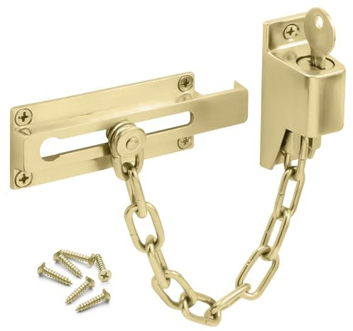 Door Chain Locking Door Chain Polished Brass | Chain for Front Door | 8.3 X 0.7 X 3.5 Cm Surface Mounted Lockable Door Security Chain | Security Chain Door with Key for Wooden, and UPVC Front Doors