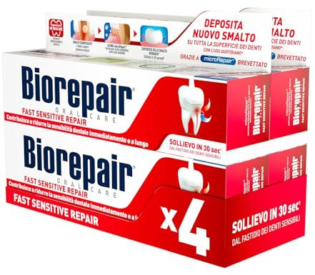 Biorepair, Dentifricio Fast Sensitive Repair, 4 Confezioni da 60 ml, Riduce la Sensibilità Dentale e Dà Sollievo dal Dolore dei Denti Sensibili in 30 Secondi, Protegge e Ripara lo Smalto, Senza Fluoro