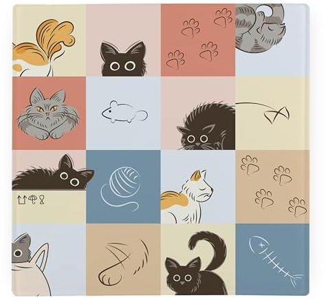 Grand protecteur de plan de travail carré en verre pour chat à carreaux – Cadeaux pour propriétaires de chat/chaton – Planche à découper lisse avec pieds antidérapants 30 cm x 30 cm