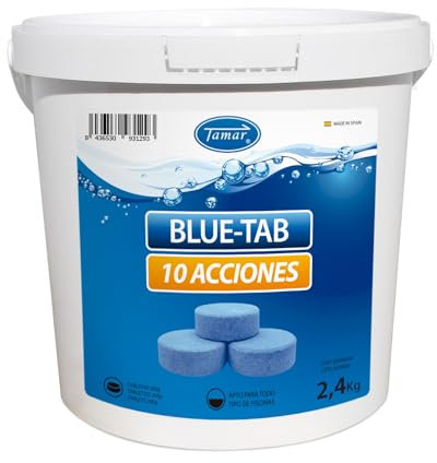 Tamar Cloro Blue-Tab 10 Acciones,Tableta 200 gr, disolución lenta, biocida, mantenimiento agua piscina, desinfectante, abrillantador, floculante, clarificante, alguicida,regulador pH,antical 2,4 Kilos