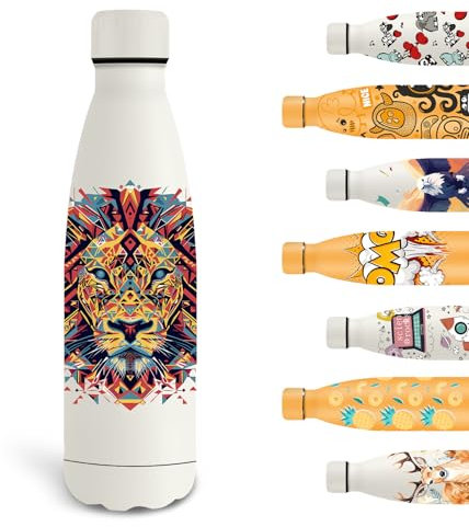 Grsta Water Bottle, 500 ml Stainless Steel Drinking Bottle, Sports Water Bottle, BPA-Free, Personalised with Lion Pattern, Thermos Flask, Leak-Proof, for School, Bike, Camping, Running, White