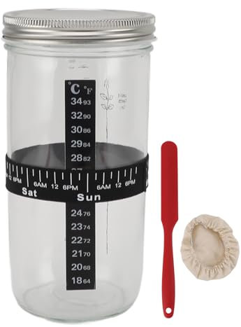 Kit Barattolo per Lievito Madre, 1000 Ml/34 Once, con Coperchio in Acciaio Inossidabile, Raschietto in Silicone, Copertura in Tessuto, per Prodotti da Forno Domestici, Vetro