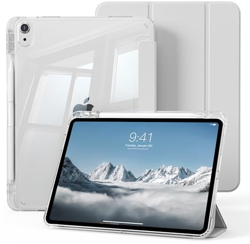 KVTVOU Étui pour iPad Air 11 Pouces M4/M3/M2 2026/2025/2024, iPad Air 10,9 5ème/4ème génération 2022/2020, Arrière Transparent en PC, Étui de Protection Antichoc, Veille/Réveil Auto, Argent