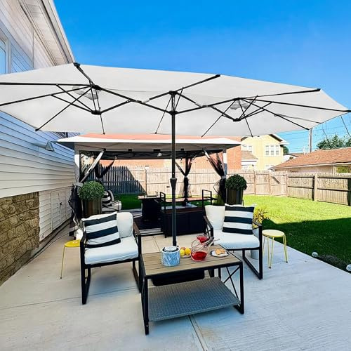 PURPLE LEAF Sombrilla de jardín exterior 455 x 270 cm de aluminio, gran sombrilla doble con LED y pie, para terraza, jardín, balcón y piscina, blanco, Modèle Classique