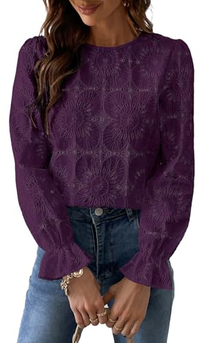 CUPSHE Chemisier Femme Chic en Dentelle Coton Guipure Haut Manches Longues Évasées T-Shirt Ajouré Motif Floral Élégant Blouse Bohème Vintage