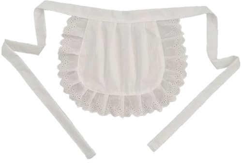 Muzrunq Dienstmädchen Schürze weiße halbe Schürze gekräuselte weiße Schürze Maid Kostüm mit verstellbarem Riemen, 11 x 11 Zoll Taillenschürze für Frauen, Halbschürze für Cosplay, Küchenkochen