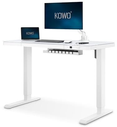 kowo Glass Electric Standing Desk, 120x60cm, Tempered Glass Top with Metal Drawer & USB-C Hub, Height Adjustable 73-118cm, Sit Stand Home Office Desk, White