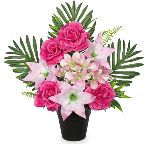 Oairse Artificial Cemetery Flowers in Pot Funeral Flowers Arrangements 48cm Silk Dark Pink Potted Lily Peony Memorial Flower for Grave Cemetery Headstones Outdoor Decoration