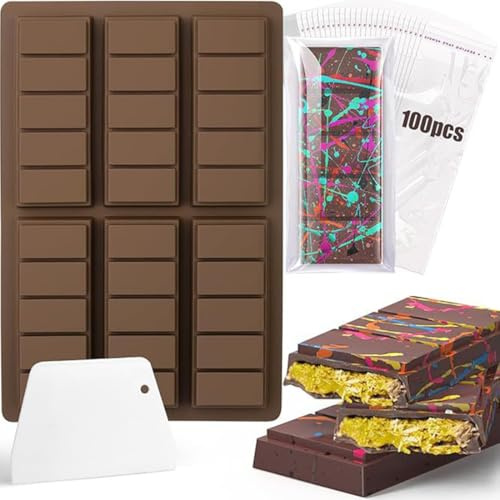 Moules à chocolat en silicone, 6 moules profonds en silicone pour tablettes de chocolat avec spatule, sachet pour pralines en chocolat