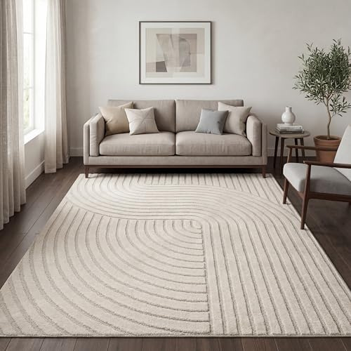 Paco Home Tappeto da soggiorno moderno a pelo corto stile scandinavo Japandi Panglao Monocolore Effetto alto-basso Motivo astratto Effetto 3D Vello morbido Crema, Dimensione:160x220 cm