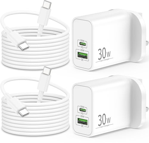 30W 2-Port Charger for iPhone 17e 17 16 15 Pro Max Plus, iPad 11th 10th A16 | USB C Super Fast Charging, Plug UK Wall Adapter Block + 2M Charger Cable 2Pack