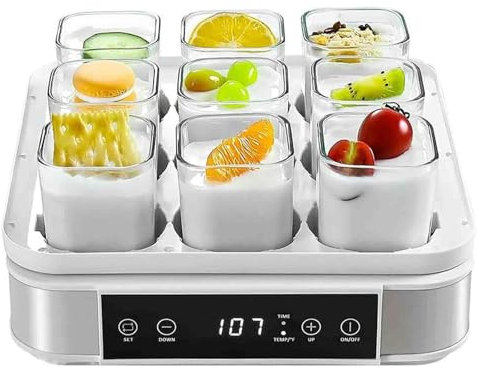 Yaourtière,Yaourtière en Acier Inoxydable,avec 9 Pots en Verre et écran Tactile Intelligent,avec ContrôLe de La Tempé Rature et Temps, pour Préparer des Desserts Maison Frais