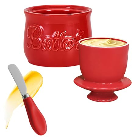 Beurrier rond avec couvercle, beurre français avec couteau pour beurre mou, beurrier en céramique avec ligne de flottaison – Beurrier en porcelaine – Passe au lave-vaisselle (rouge)
