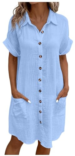 Generisch Musselin Kleid Damen Sommerkleid Damen Button Down Leinenkleid Strandkleid Casual V-Ausschnitt Minikleid Kurzarm Freizeitkleid Boho Kleid Knielang Leinenkleider Blau L