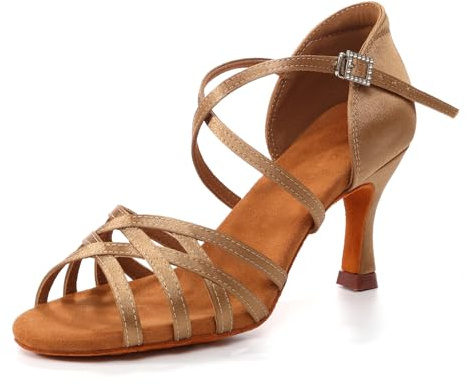 GYUBL Latin Dance Shoes for Women Open Toe Salsa Tango Bachata Professional Ballroom Dancing Shoes 3 Inch Heel Light Brown US 6.5