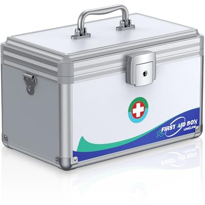 Uniclife Medicine Lock Box First Aid Box with Key Lock, Handle & Shoulder Strap Portable Metal Lockable Medicine Storage Box for Medications, 30 x 17.8 x 19 (cm)