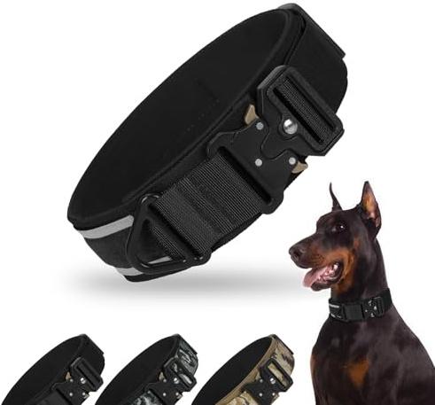 FEimaX Hundehalsband Personalisiert Hunde Halsband für Kleine Mittelgroße Hunde, Breite Reflektierende Verstellbares Taktisch Hundehalsband mit Metallschnalle für Ausbildung (Schwarz, L)