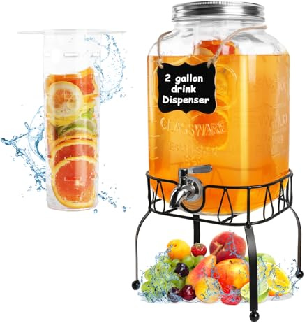 2 Gallon Glass Beverage Dispenser Jars, Ice Juice Dispenser with Stainless Steel Faucet and Metal Stand for Parties & Wedding (1 Pack Jar)