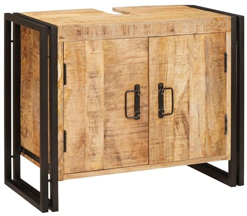 vidaXL Diskbänksskåp med hylla Brun 71 x 33 x 58 cm Massivt mangoträ, Modern badrumsförvaring, rektangulärt handfatsskåp, kompakt organiserare, hållbar järnram, stilren, platsbesparande