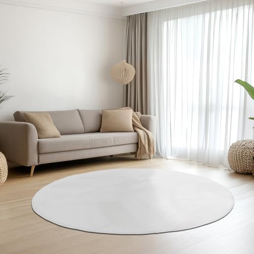 Teppich-Traum Kurzflor Teppich Rund Hasenfell-Optik Weiß Ø 160 cm | Seidig weich und pflegeleicht, rutschhemmend, formstabil, saugrobotergeeignet, allergikerfreundlich, OEKO-TEX geprüft