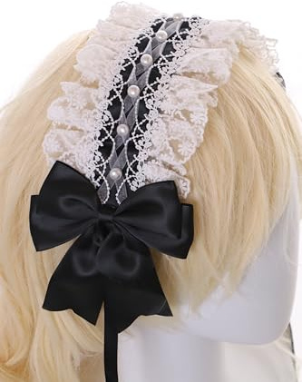 C-15 Zofe Maid Lolita Spitze Satin Haarband mit Schleife Gothic Haarschmuck Kopfband, Rüschen und Perlen (03-Schwarz, One Size)