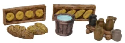 Genérico Accesorios de Belén en Miniatura, Alimentos y Utensilios de Cocina, Set de 8 Piezas, 4 cm