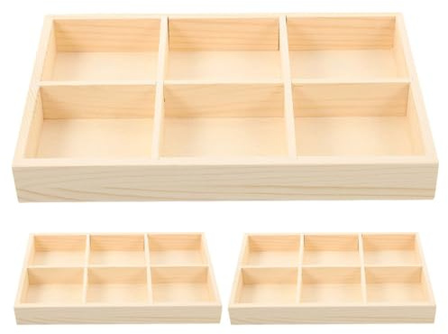 BESPORTBLE 3Pcs Wooden Compartment Storage Box, Small Wood Desktop Organizer Sorting Tray for Crayons Markers, Divided Desk Drawer Tidies for Office Art Supplies and School Stationery