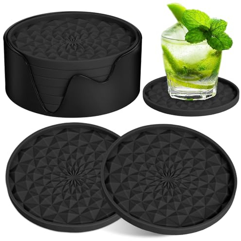 AUAUY 6 PCS Silicone Coasters with Storage Holder, Silicone Thick Design(0.28inch), Drinking Coasters, Cup Mat for Hot or Cold Drinks, Thickened, Non-Slip, Non-stick, Deep Tray, Black