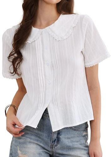 Allegra K Chemises à Manches Courtes pour Femmes Col Claudine à Volants Blouse Boutonnée en Coton Hauts Décontractés D'Été Blanc XXL