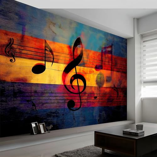Papier peint panoramique vintage notes de musique rayures, Papier peint intissé shabby chic art esthétique moderne pour salon adulte chambre d'Enfants restaurant décoration murale 350L x 256H cm