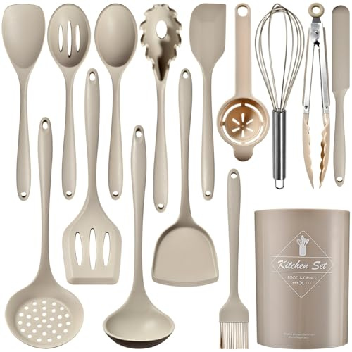 Ensemble de 15 ustensiles de cuisine en silicone avec poignée en acier inoxydable résistants à la chaleur et antiadhésifs avec porte-ustensiles lavables au lave-vaisselle Kaki (sans BPA)