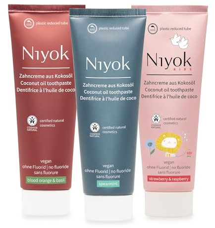 Niyok Familien-Zahnpflege 3er Zahncreme aus Bio Kokosöl Blutorange & Basilikum, Spearmint & Himbeere, Zahnpasta 75ml für weiße Zähne, intensive Pflege, Schützt das Zahnfleich ohne Fluorid & Vegan