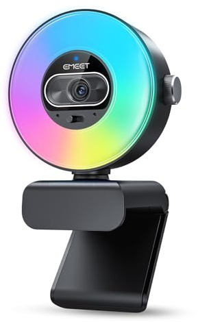 EMEET Cámara Web 4K S600L, 4 Modos de Iluminación, Efecto Arcoíris, Sensor de 1/2, Imágenes con IA, PDAF de 0.2 s, 2 Micrófonos, Control Giratorio, Webcam 4K con luz para OBS/Twitch/Zoom/PC/Mac