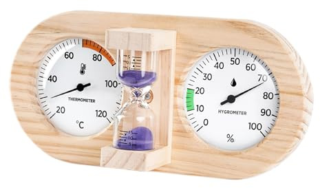 Thermomètre Hygromètre pour Sauna - Moniteur De Température Avec Compte À Rebours 15 Minutes - Minuteur à Sable Murale avec Cadre en Bois 15 Minutes,Pour Intérieur Salle Garage Lieu De Travail Serre