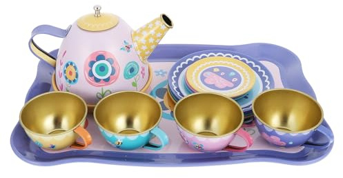 FUNOMOCYA Juego de Té Infantil de Hojalata 14 Piezas Tetera y Tazas de Metal Juguetes de Imitación para Niñas Juego de Casitas Jardín para Actividades de Tarde