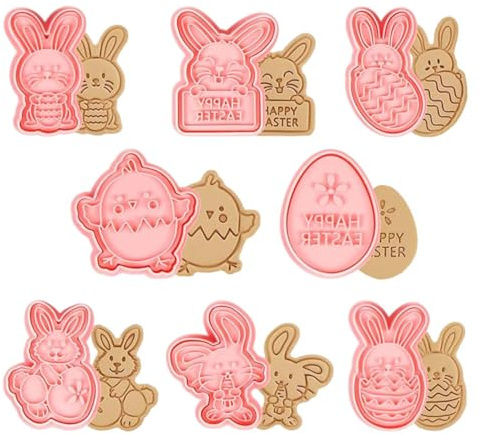 MKEWUU Molde Galletas: 8 Piezas De Cortadores Para Galletas De Pascua En 3D, Formas De Conejo, Pollito Y Huevo En Plástico Rosa, Tamaño Estándar.